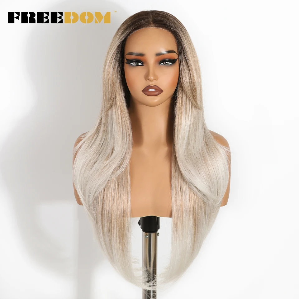 FREEDOM Synthetische Lace-Front-Perücken für Damen, 6x4, gerade geschnitten, mit vorgezupften Haaransätzen, Ombré-Blond, Weiß, einfach aufzusetzen, ohne Klebstoff. – Detail 9