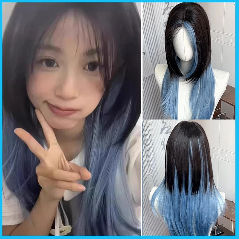 

Synthetic Forehead Lace Wig Medium Parted Female Long Straight Lolita Wig With Bangs Girl Cute Cosplay Party Halloween