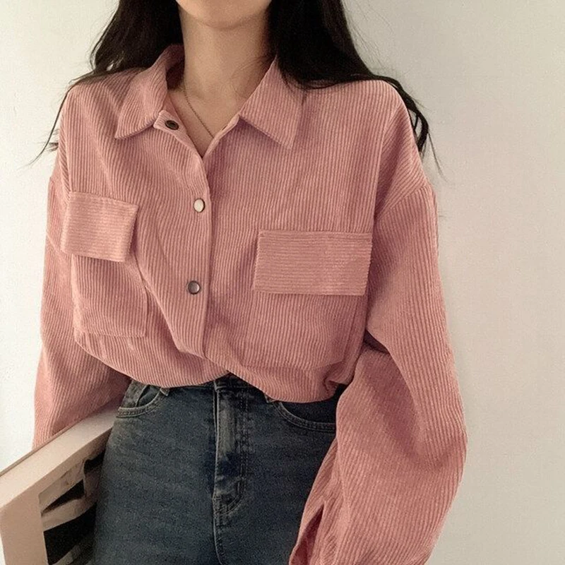 Rimocy 2024 Autumn Crop Corduroy Jacket Women Vintage Pockets Single Breasted Shirts Woman Long Sleeve Solid Color Blouse Ladies