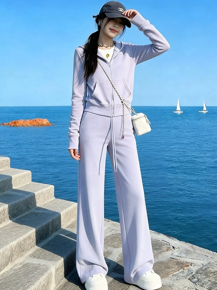 

Salt Series Casual Long Sleeve Hoodie Cardigan And High Waist Wide Leg Pants Women's Two Piece Set Spring New Style