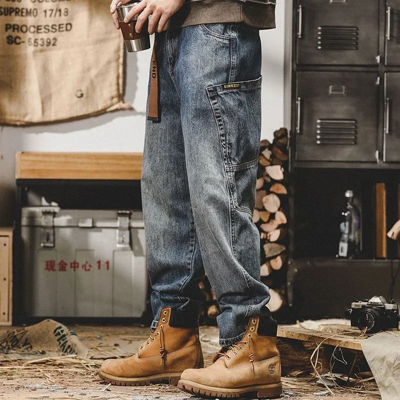 Trousers Cargo Cropped with Pockets Man Cowboy Pants Jeans Soft Grunge Y2k Aesthetic Plus Size Denim Washed Summer JJ1248