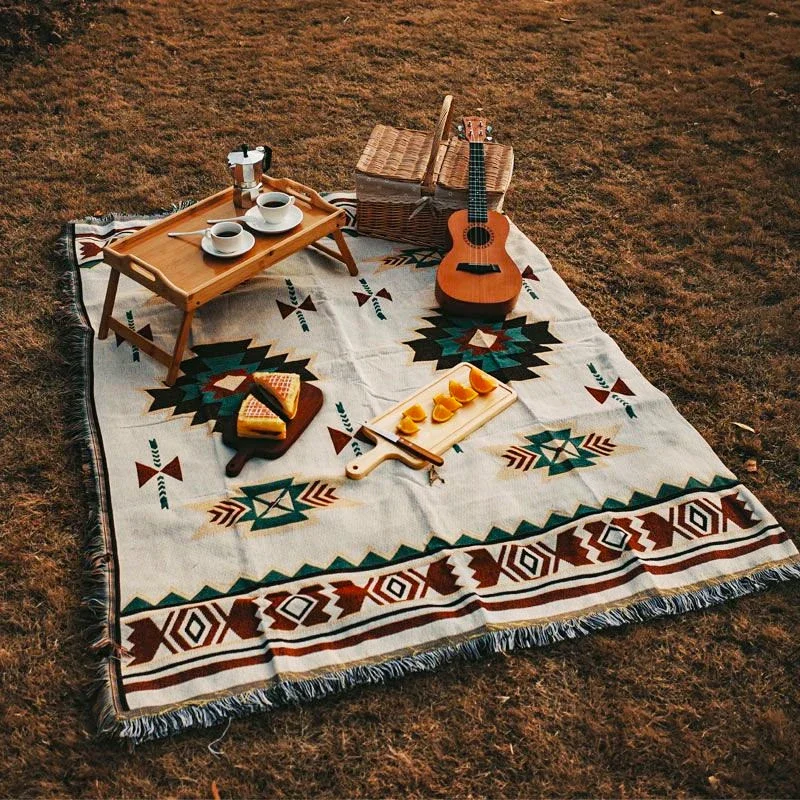 Umweltfreundliche Boho-Decke aus Baumwollmischung, Blumenteppiche, Campingmatte, Picknickdecke, Strandteppich mit Quasten