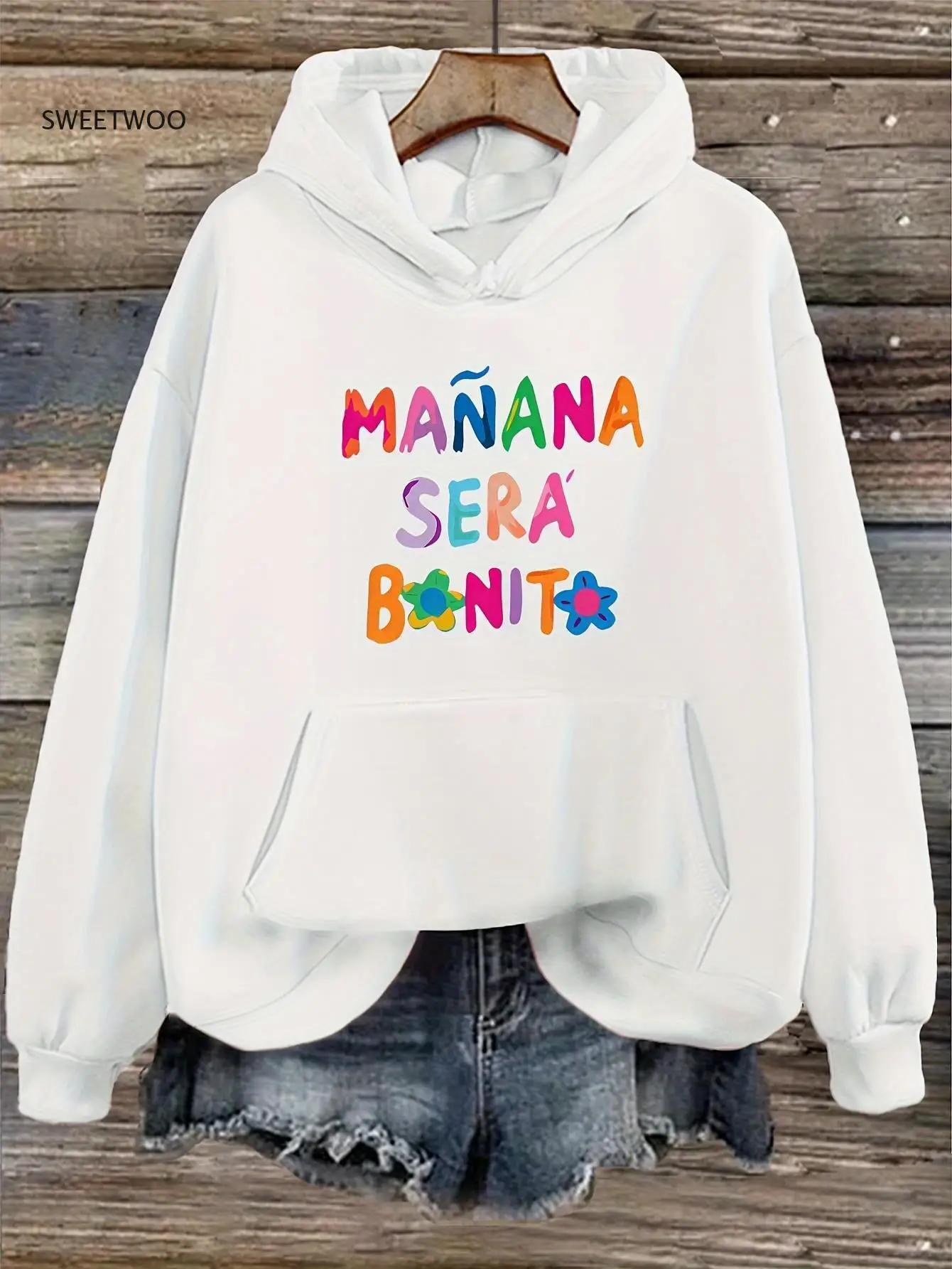 

Women'S Casual Hoodie with "Manana Bonito" Colorful Letter Print, Drawstring, Long Sleeves, White