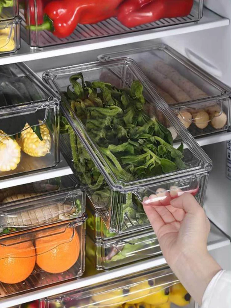 Fridge Storage Box Refrigerator Transparent with Lid Containers for Food Fruit Meat Keep Pantry Sealed Boxes Kitchen Organizer