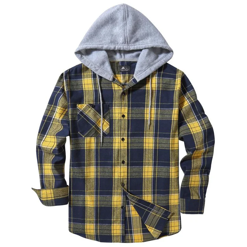 Men's Plaid Print Button Front Drawstring Hooded Shirt, Shirts for Men, Ba To School Outfits, Regular Fit Street Long Sleeve Poe