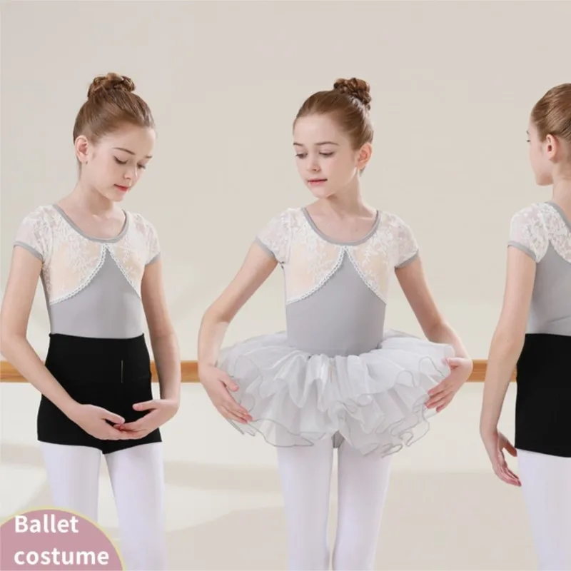 Gilrs Lace Splice Ballet Costumes Kids Short sleeve Ballet Gymnastics Leotard Tutu Dress Training suit stage performance outfits