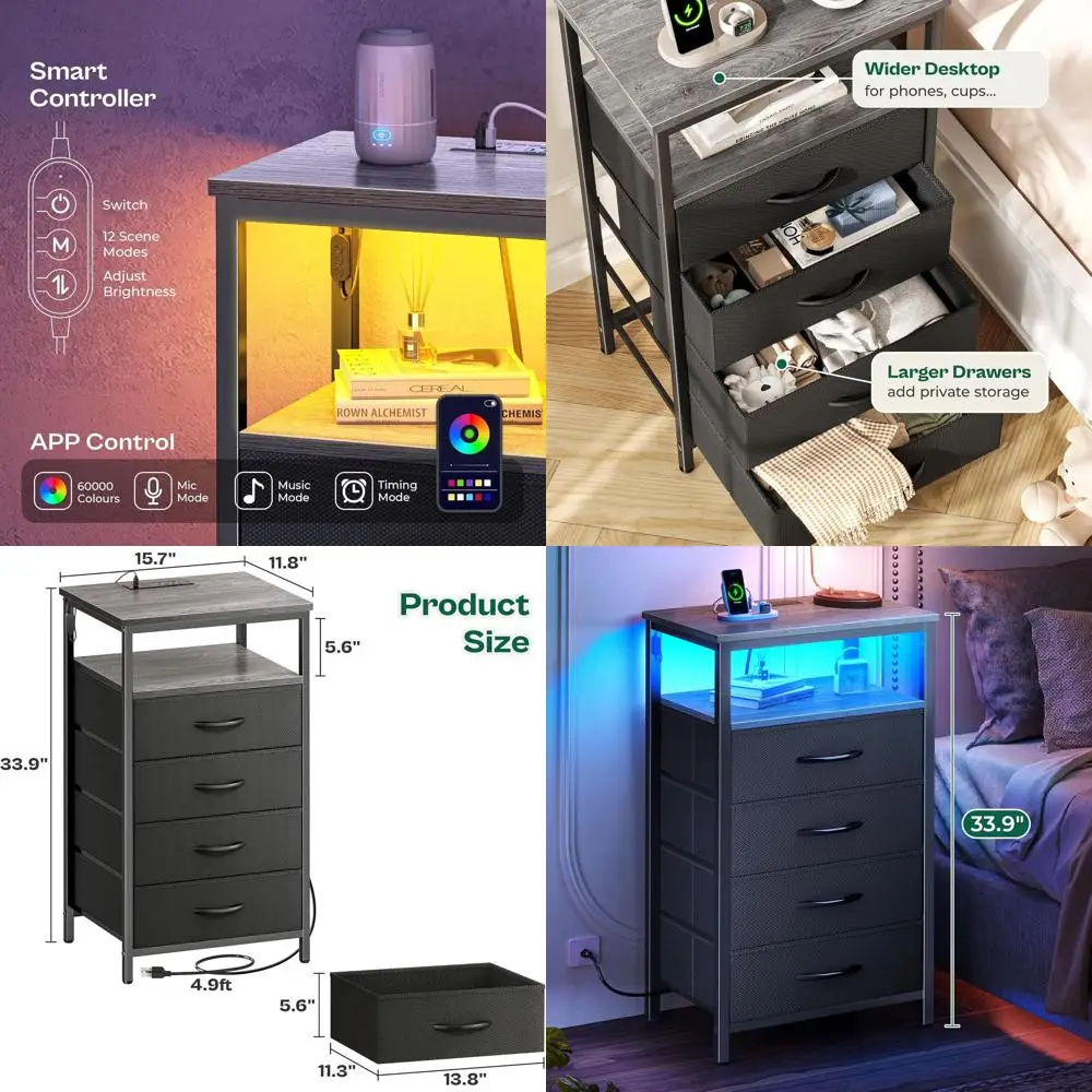 

Тумбочка с 4 ящиками и светодиодной подсветкой, зарядной станцией, комодом из серой ткани для спальни и столиком с открытой полкой