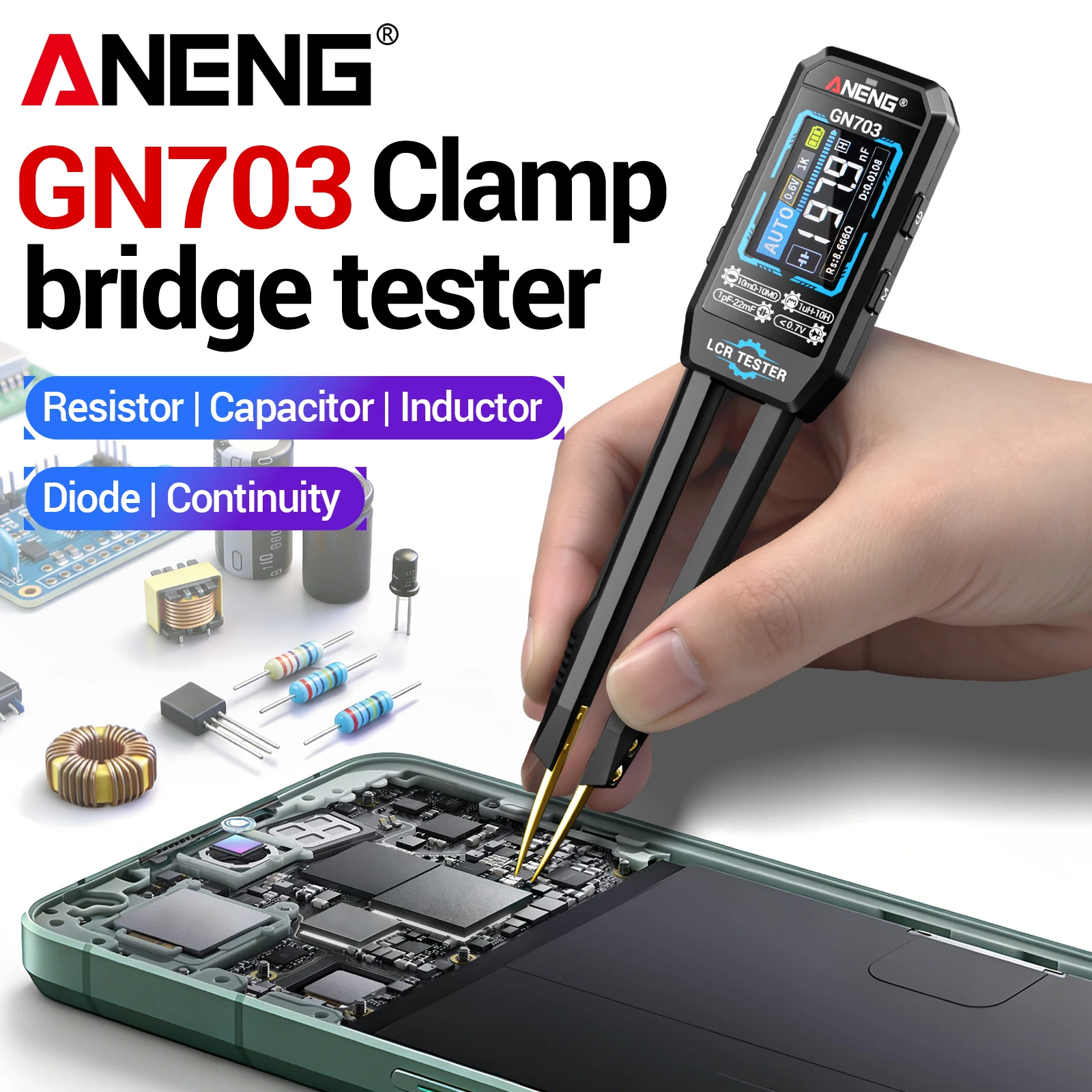 ANENG GN703 SMD LCR Tweezer Meter Resistance Capacitance Inductance Diode For Student Lab Circuit Test Data Hold Auto Shutdown