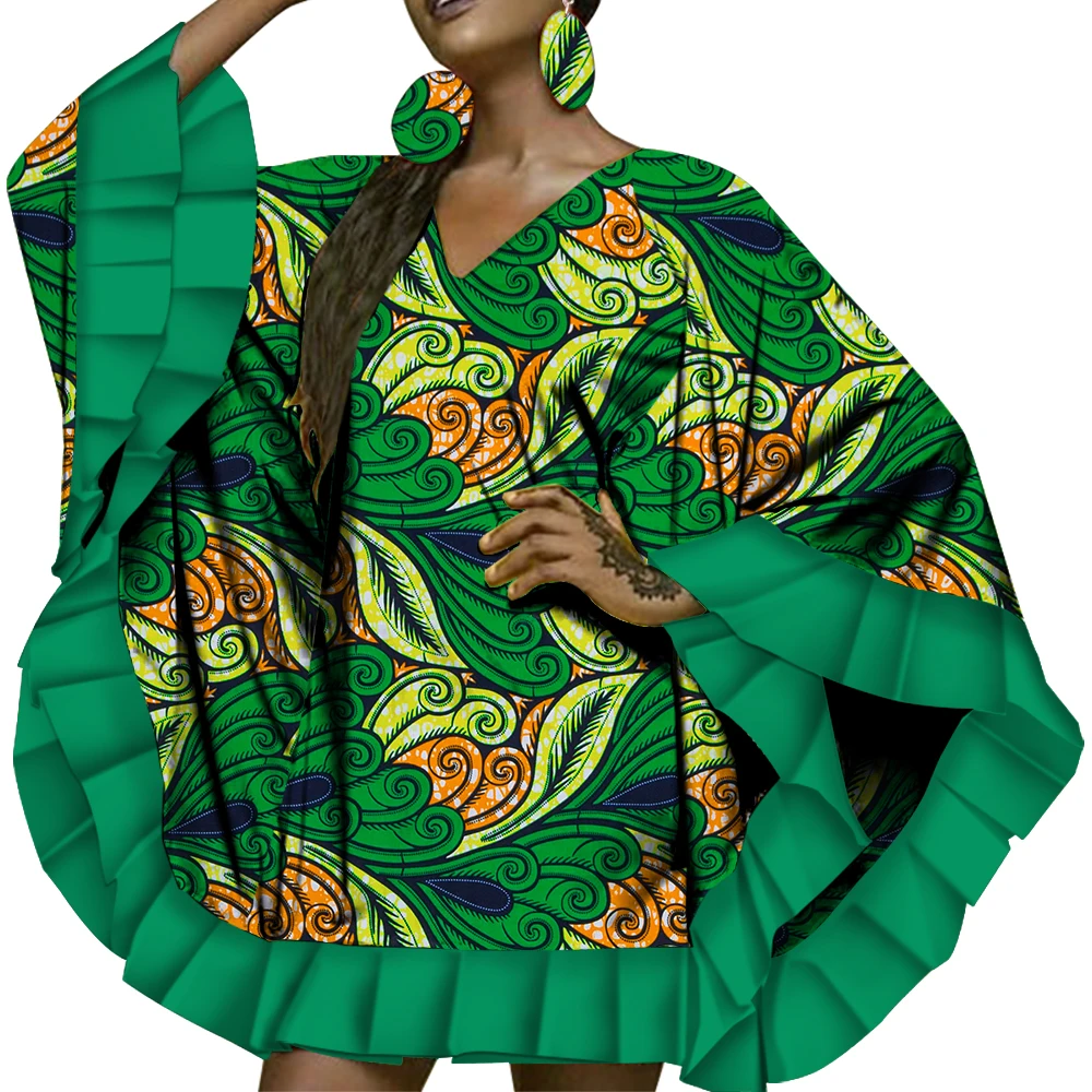 

BintaRealWax Africa Dress for Women with Earring Dashiki Ruffled Lady Shawl Africa Style Clothing for Women Office Dress WY3572
