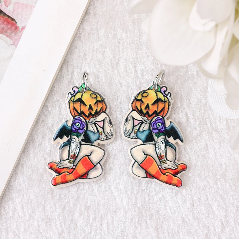 10Pcs Halloween Charms Creative Acrylic Pumpkin Pinup Ghost Jewelry Findings Earring Pendant Necklace DIY Making Accessories