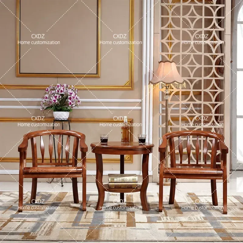 Solid Wood Dining Chair with Armrest Simple Desk Backrest Computer Casual Coffee Negotiation Table and Chair Set
