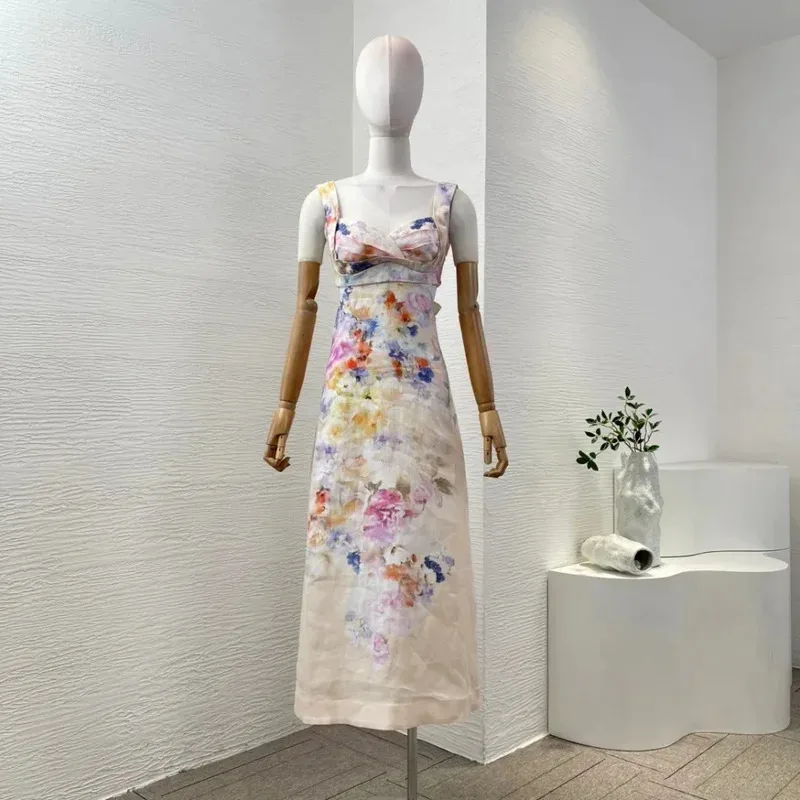 فستان ميدي للعطلات للسيدات موديل 2025 على طراز الشاطئ بدون أكمام وخصر خلفي بدون حمالات