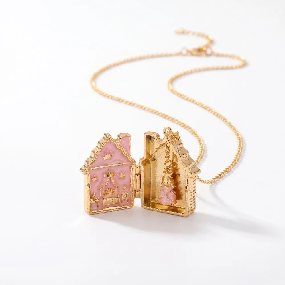 Colorful Gingerbread House Necklace Fairy Tale Enamel House Opening and Closing Box Necklace Jewelry Gift Open and Close Pendant view 5
