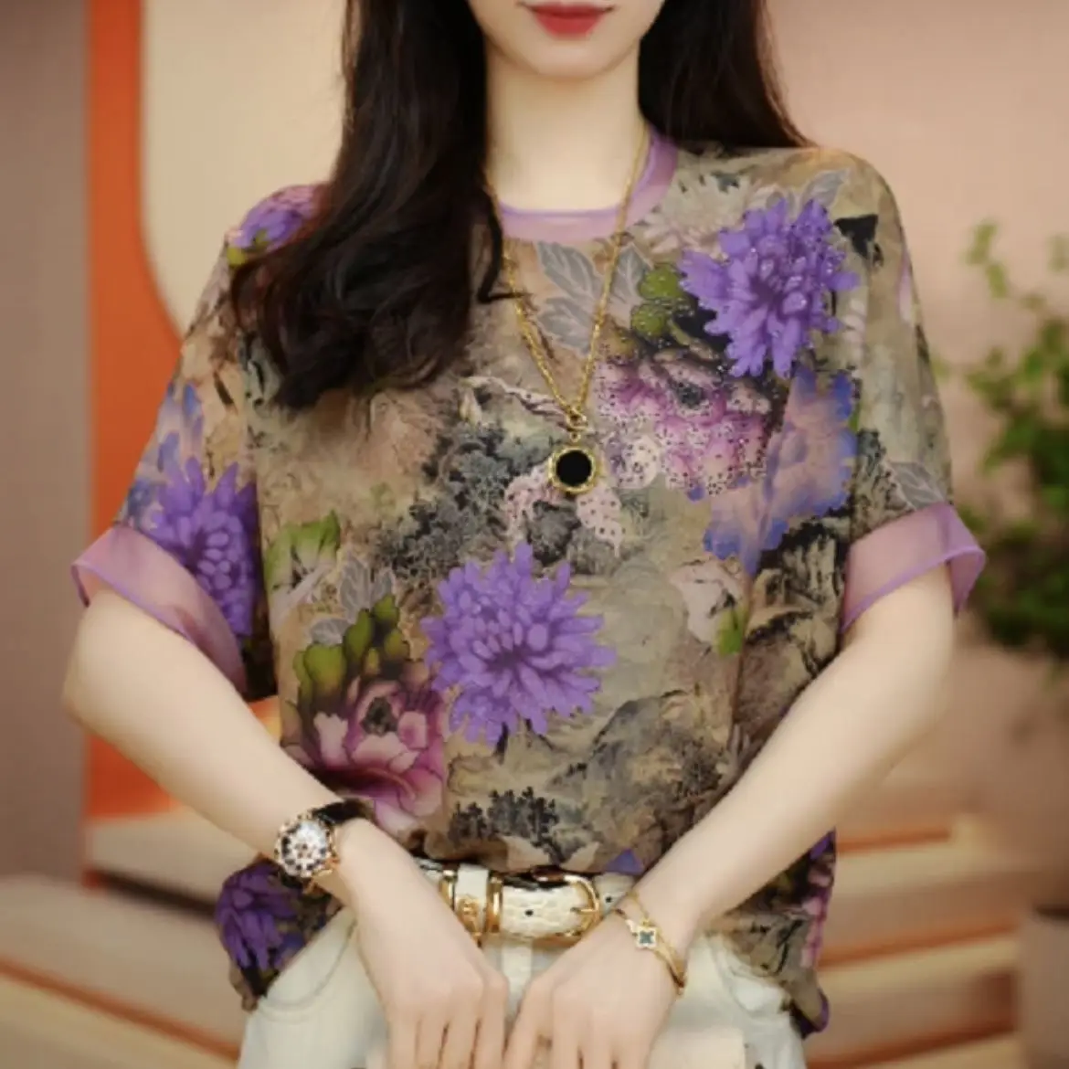Women with Design Light Breathable Fashionable Age-reducing Shirt Loose Belly-covering Top Short-sleeved T-shirt
