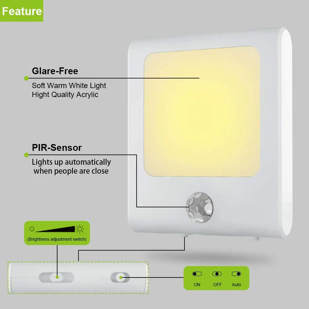 Imagem -02 - Plug in Motion Sensor Luzes do Armário Brilho Ajustável Luz Branca Quente Led Night para Escadas Cozinha e Quarto 220v 110v