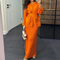 Элегантные трикотажные однотонные юбки, повседневные кардиганы с длинными рукавами и длинные юбки, женские модные разноцветные костюмы из 2 предметов на шнуровке