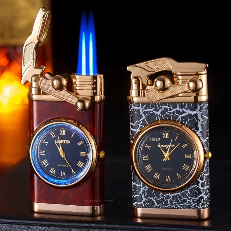 New Creative Watch Windproof Gas Lighter with LED Light Watch Cigar Lighter Outdoor Jet Double Barrel Lighter Men\'s Gadget Gift