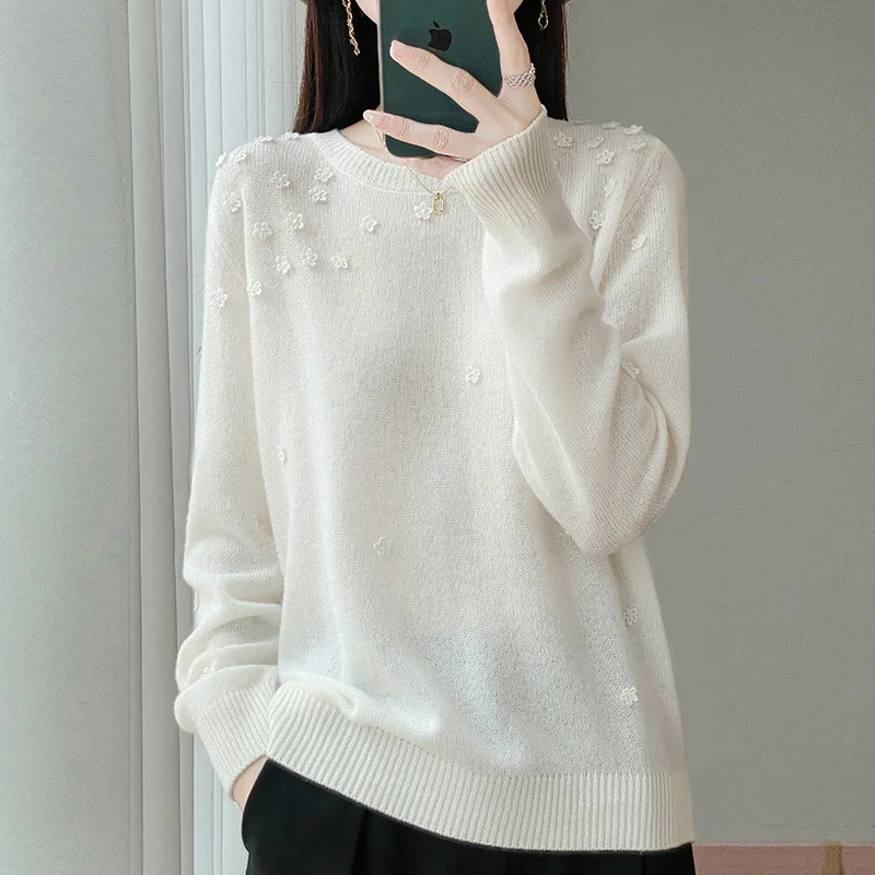 

Women's 100% Wool Crew - Neck Pullover - Decorated with All - Over Crochet Flowers, Multiple Colors Available