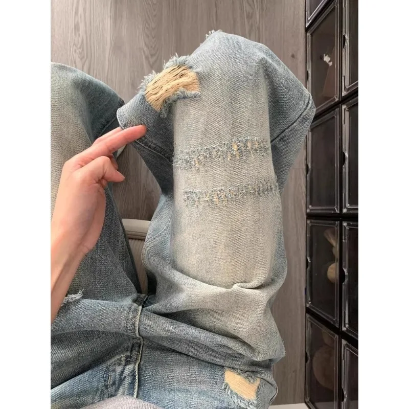 

2026 New Women's Ripped Wide Leg Jeans Y2K American Style Elastic High Waist Loose Straight Streetwear Casual Summer