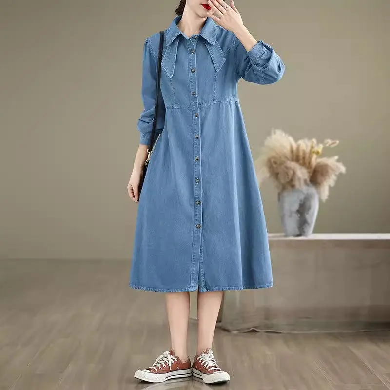 Vestido retrô de cowboy feminino, cintura alta, moda magro, lapela, peito único, jeans, novo design, outono, inverno, 2022, K2325