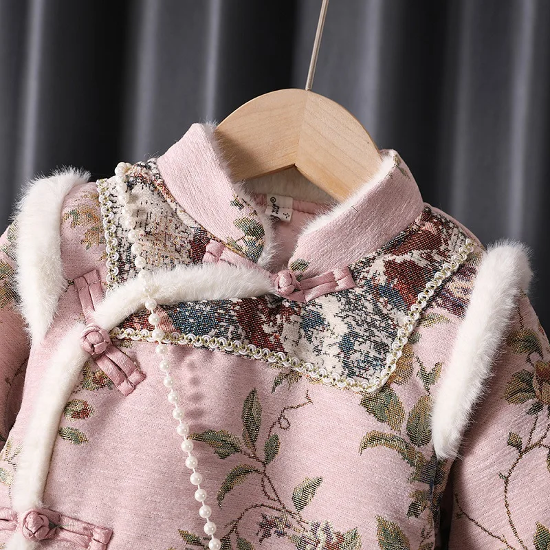 Зимнее платье Hanfu для маленьких девочек, детское платье принцессы Тан, Cheongsam Qipao, детская красная новогодняя одежда с вышивкой, Vestidos