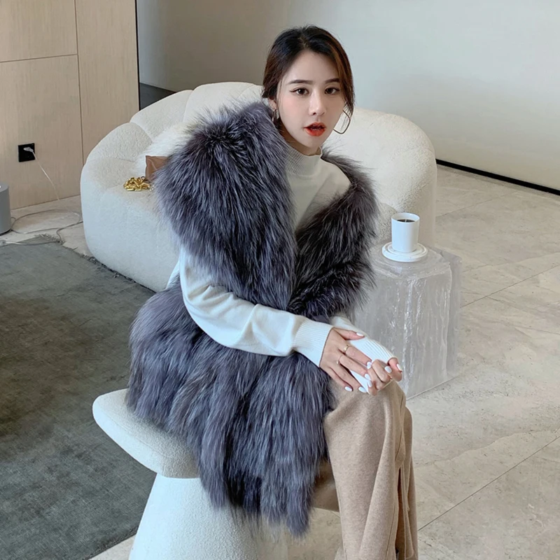 Fox Fur Scarf Luxury Big Fox Skin Scarf Natural Fox Fur Stole Genuine Fox Fur Shawl Pocket Fashion Evening Dress