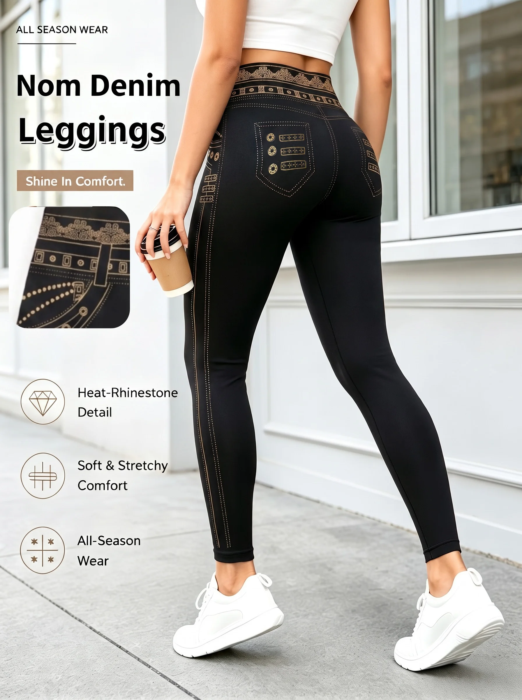 Schwarze Faux-Denim-Knöchelleggings mit goldenem Aufdruck, weiche, atmungsaktive, ganzjährig tragbare Stretchhose für Fitness, Alltag und Pendeln – Detail 4