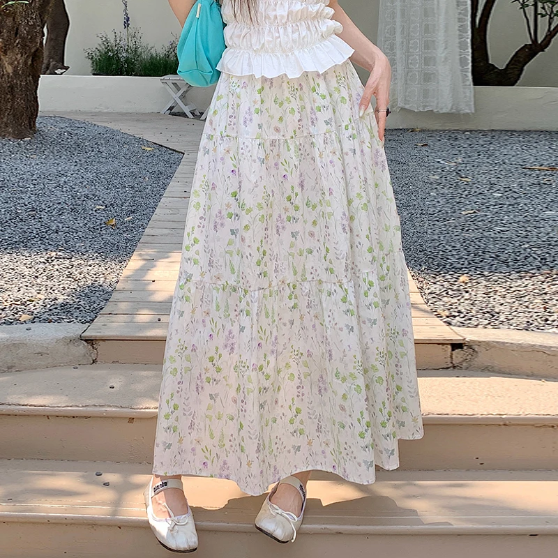 

Летние милые повседневные праздничные длинные юбки женские с цветочным принтом винтажная элегантная базовая юбка с высокой талией свободные трапециевидные юбки Mujer