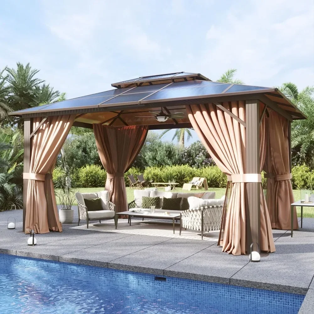 

10'x12Hardtop Gazebo,Aluminum Frame Permanent Pavilion with Curtains and Netting,Outdoor Polycarbonate Gazebo,Double Roof