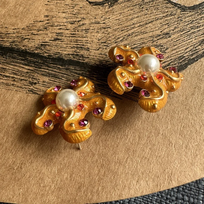 Vintage Vintage Maillard Marine Animal Orange Diamond Enamel Glaze Starfish Octopus Diamond Stud Earrings Clips