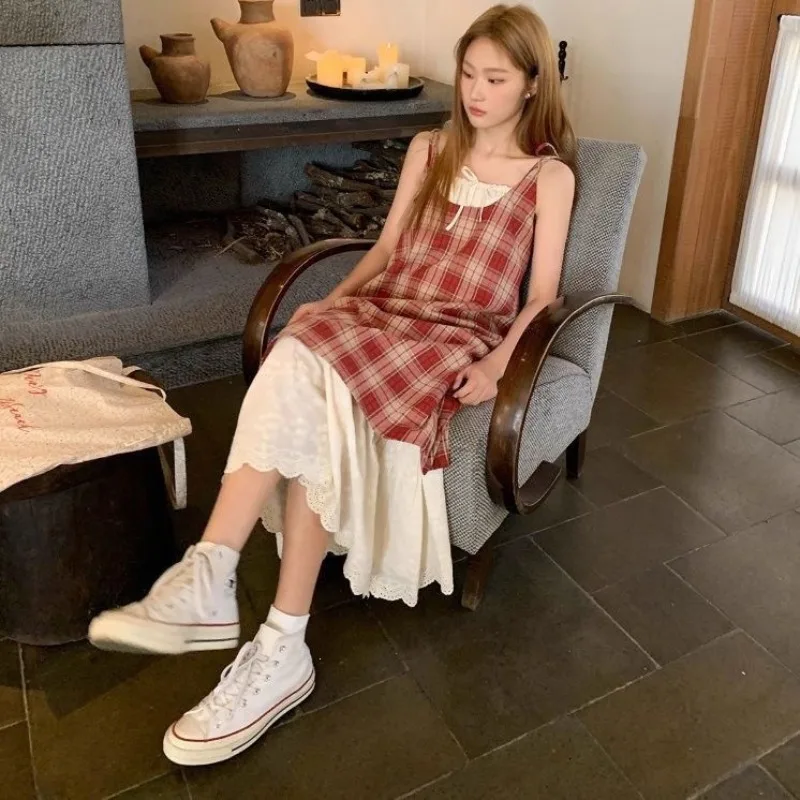 Holiday Style Lace-up Plaid Suspender Dress Women's Summer New Fake Two-piece Contrasting Color Splicing Temperament Long Skirt