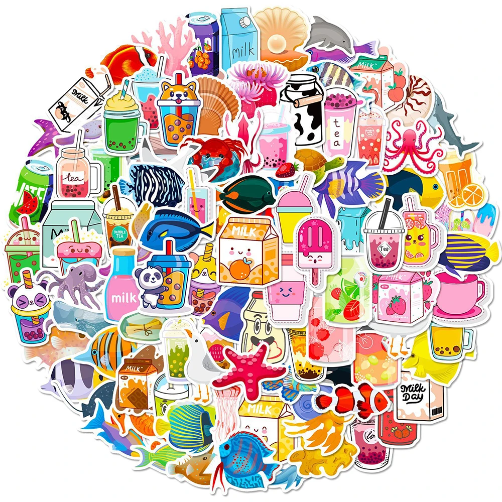 

10/30/50/100pcs Ins Style Cute Drink Stickers Mix Marine Animals Sticker Luggage Bike Laptop Fridge Cartoon Graffiti Decals Toy
