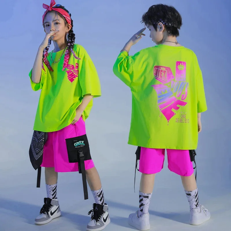 Shorts Streetwear For Girl Boy Dance Costume Clothes Kids Kpop rave Outfits Hip Hop Clothing Green Tshirt Tops Summer Cargo