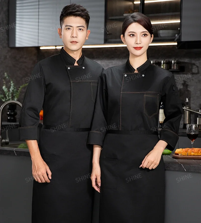 فندق طويل الأكمام الشيف موحدة الرجال سترة الشيف مع المئزر مطعم كوك معطف الشيف تي شيرت العمل موحدة النادل الملابس الشعار