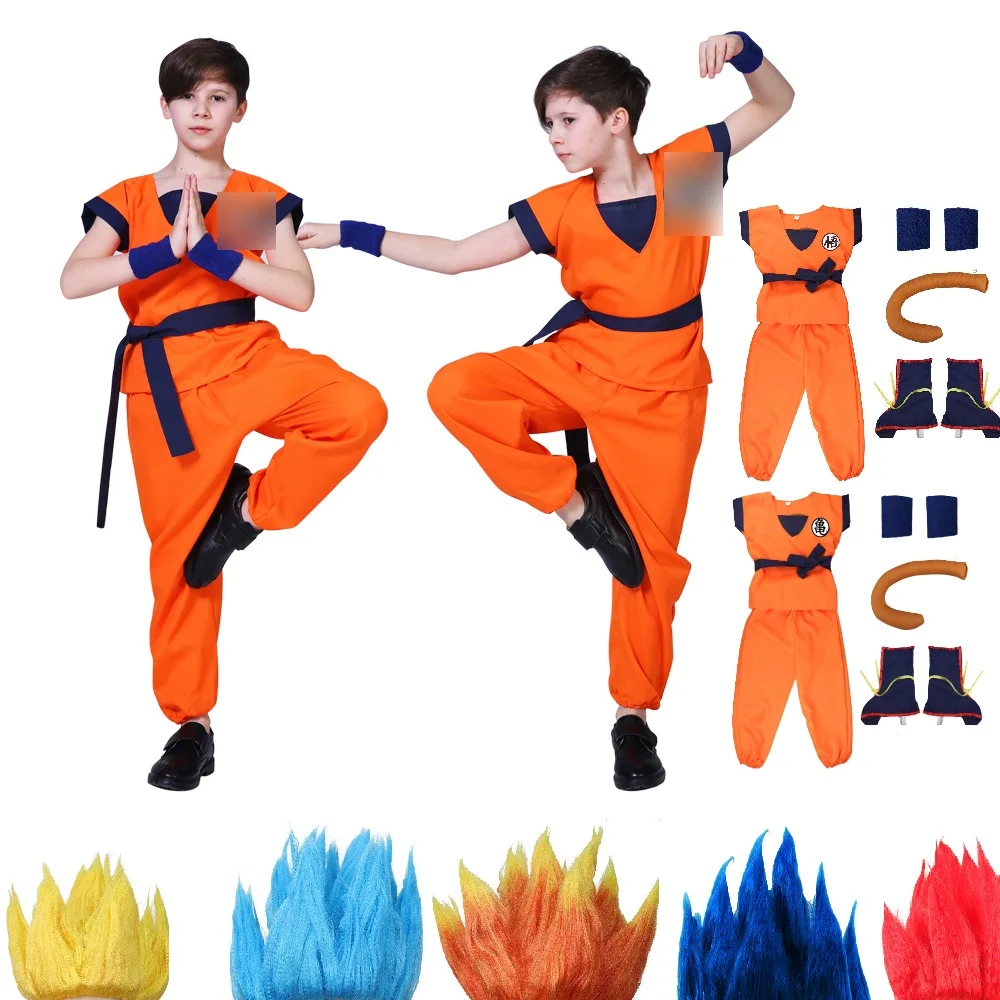 Adult Kids Son Goku Gui Carnival Cosplay Anime Costumes Halloween parties and Holiday Including Tail Wrist Wig Blue Gold Design