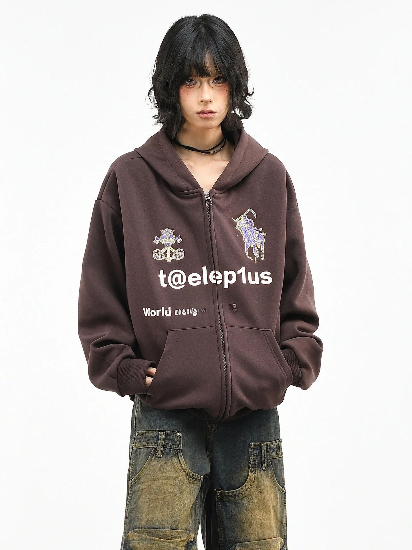 

Оригинальная американская ретро-куртка-худи OV с вышивкой Knight War, женская весенняя свободная укороченная кофта-кардиган, модная мужская модель