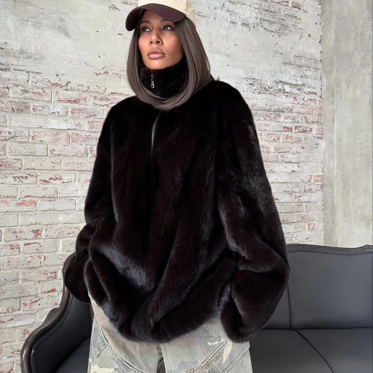 Women Winter Warm Faux Fur Coat Zip Up Stand Collar Short Plush Black Outwear