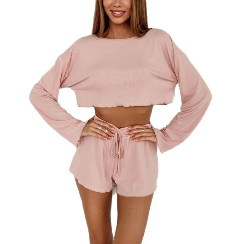 Krismile Women Pink Pajama Sets 2025 Spring Autumn O Neck Long Sleeve Short Top Knitted Breathable Soft Shorts Sleepwear 188409
