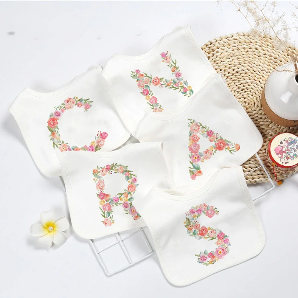 Initial Letter Flower Printed Baby Bibs Boy Girl Infant Cotton White Bib Newborn Saliva Towel Baptism/Birthday Baby Shower Gifts