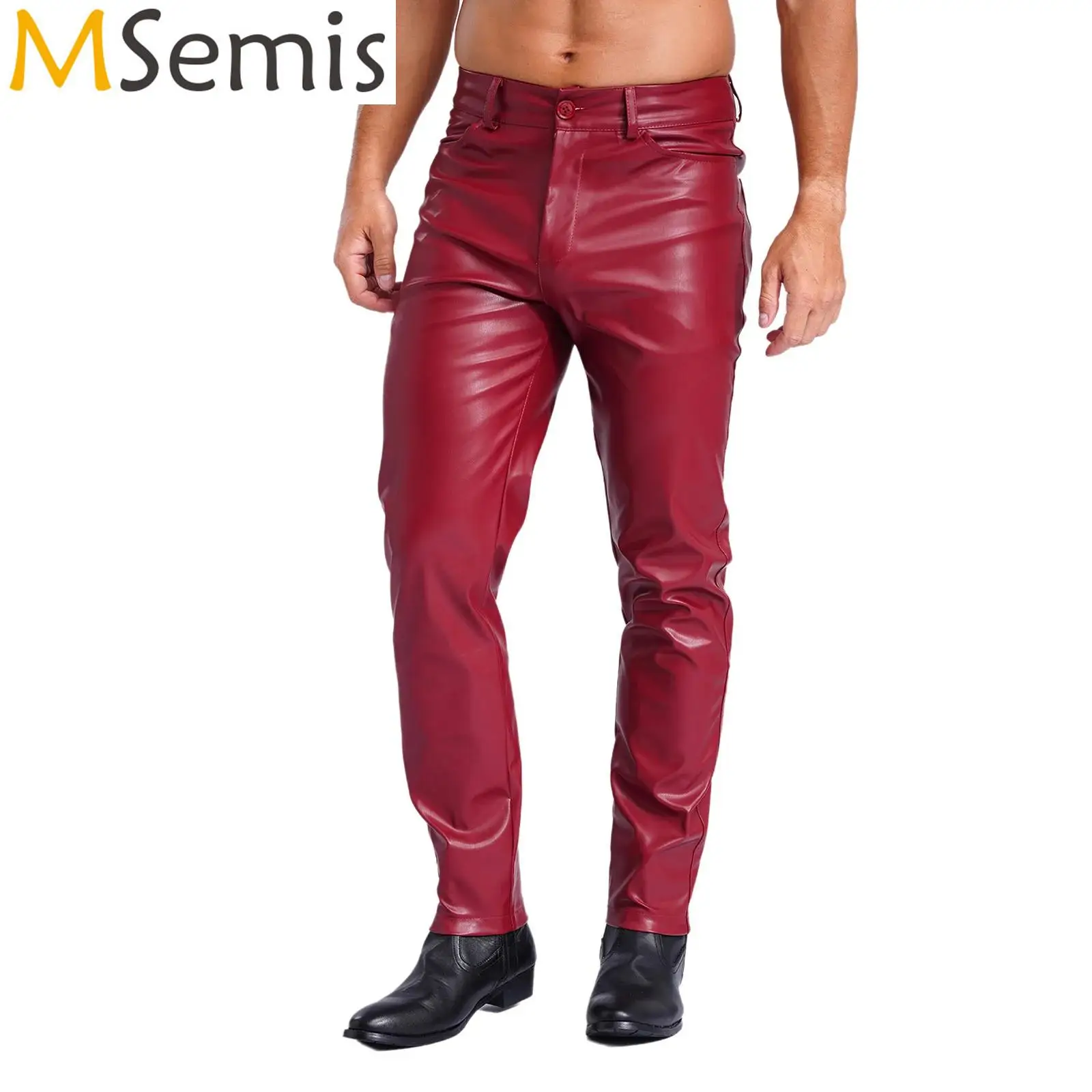 Mens Faux Leather Pants Pockets Smooth Lining Straight Pants Tights Leggings Daily Wear Music Festivals Rave Party Clothings