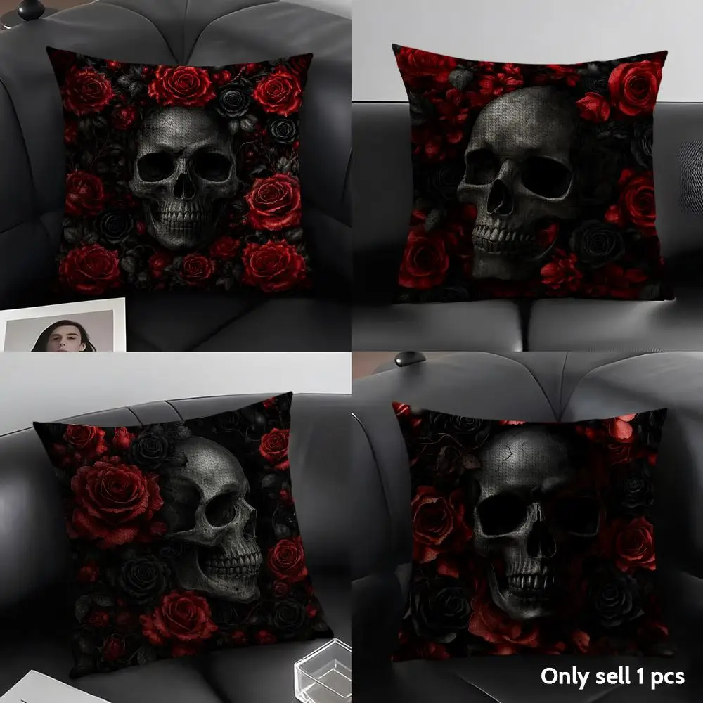 Black Skull And Rose Pattern Cushion Cover Natural Linen Organic Fabric Double Sided Print Sofa Pillow Case Home Decor Gift
