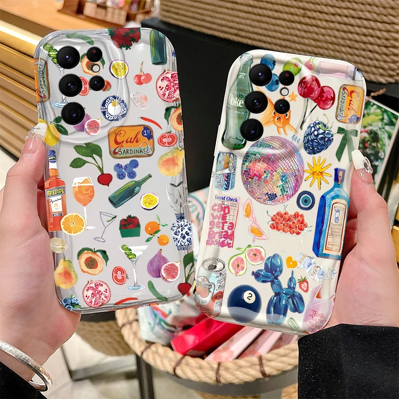 Transparent Fruit Juice Flower Soft Phone Case For Samsung Galaxy S25 S24 Ultra S23 S22 S21 S20 Plus FE A56 A36 A26 Wave Cover