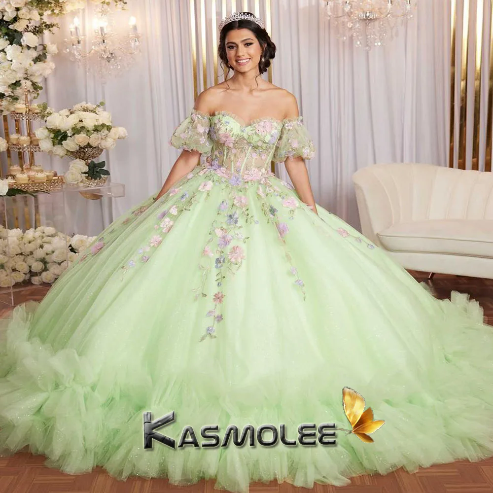 فساتين Quinceanera من Kasmolee Pastrol Ball 15 Ans بدون أكتاف وأربطة من الدانتيل مزينة بالدانتيل مخصصة