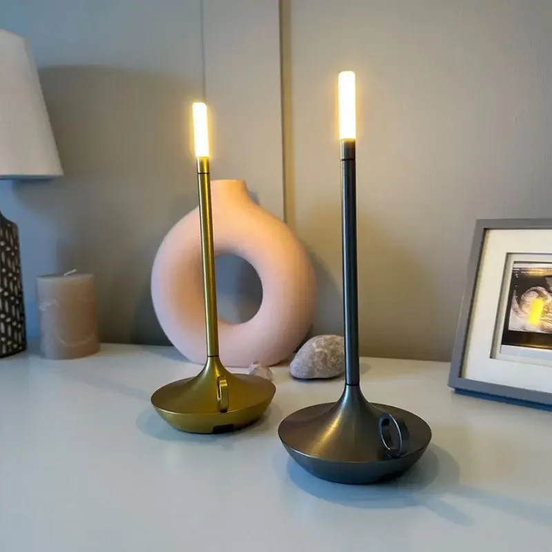 

Creative Candle Lamp for Bedroom, USB Rechargeable, Wireless Touch Lamp, Metal Stem, Camping Table Lamp with Base, Nightlight