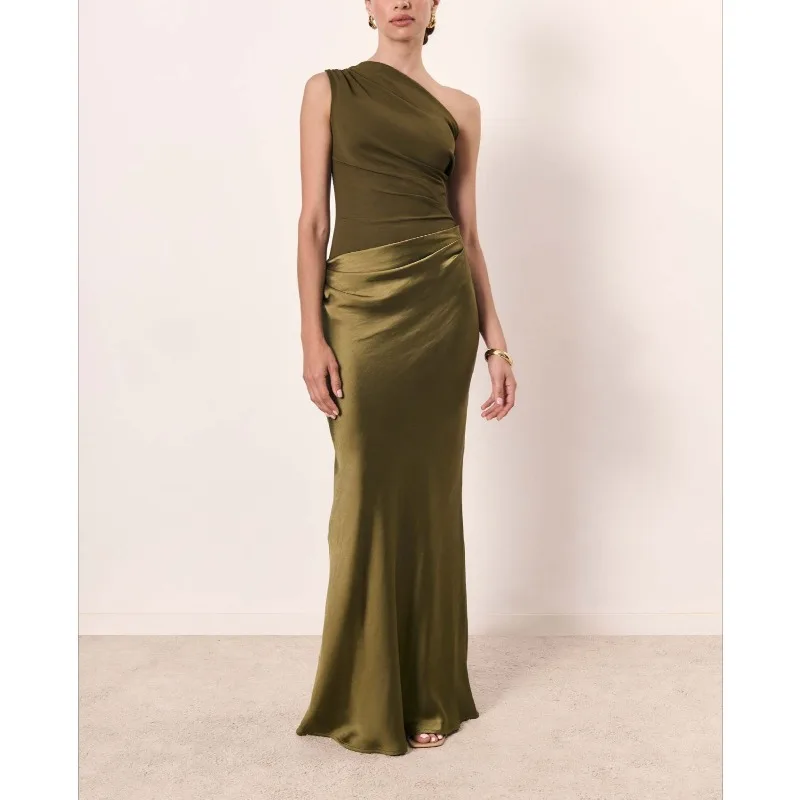 Sexy One Shoulder Satin Splicing Long Dress Women Elegant Skew Collar Hollow Boho Dress Backless Sleeveless Party Dress