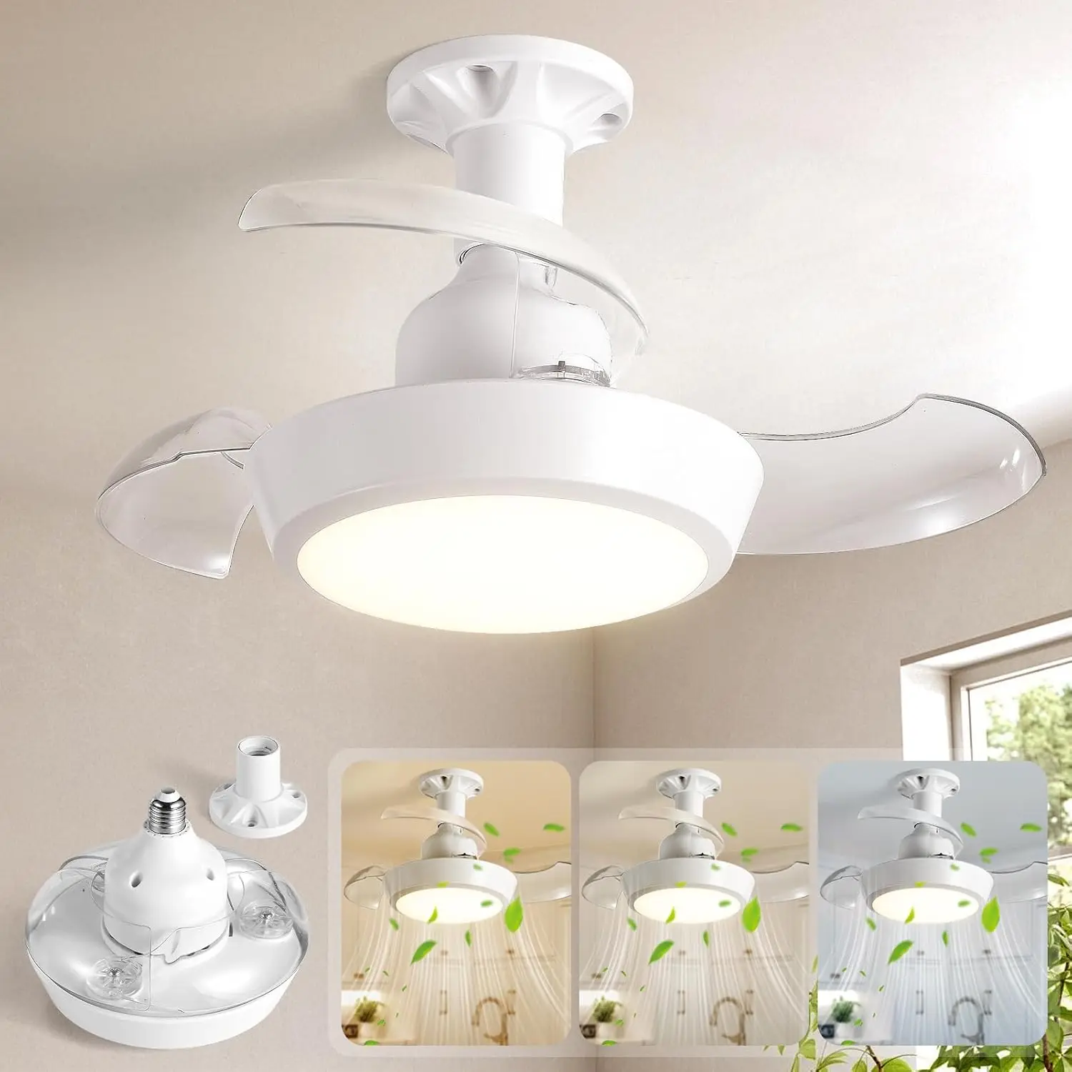 E27 Socket Fan Light With Remote Control Retractable Ceiling Fan Light 3 Colors Dimmable LED Ultra-Quiet DC Motor For Bedroom