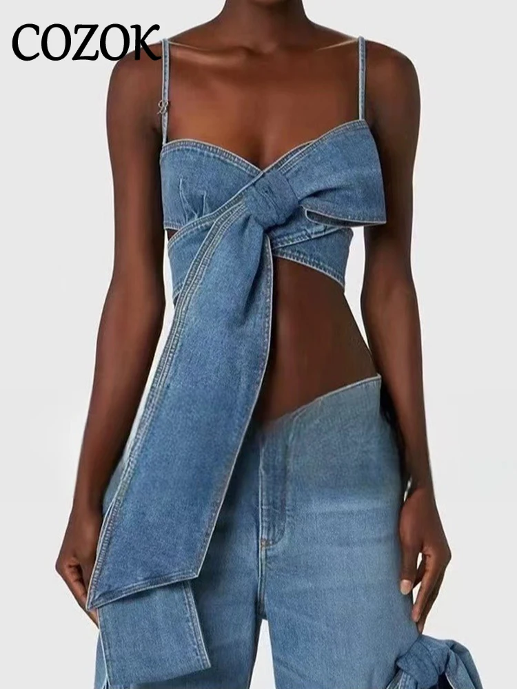 

Cozok Women Chic Denim Corset Tank Tops Asymmetric Bow Design Slim Backless Y2K Spaghetti Strap Cropped Top Vest Sexy Club Party