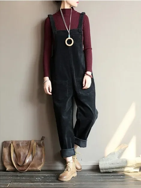 Vintage Corduroy Jumpsuits Women's Autumn Pants 2025  Casual Suspender Wide Leg Playsuits  Rompers Trousers