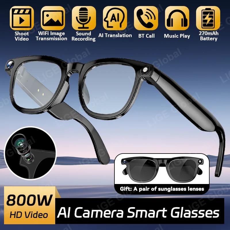 

LIGE AI умные очки 8MP камера 1080P видеозапись AI голосовой перевод солнцезащитные очки для мужчин женщин Bluetooth вызов 270 мАч аккумулятор