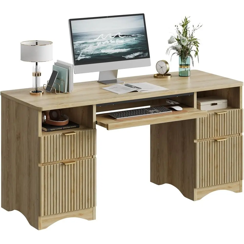 

59 Natural Oak Home Office Desk with Double-Sided Drawers and Keyboard Tray